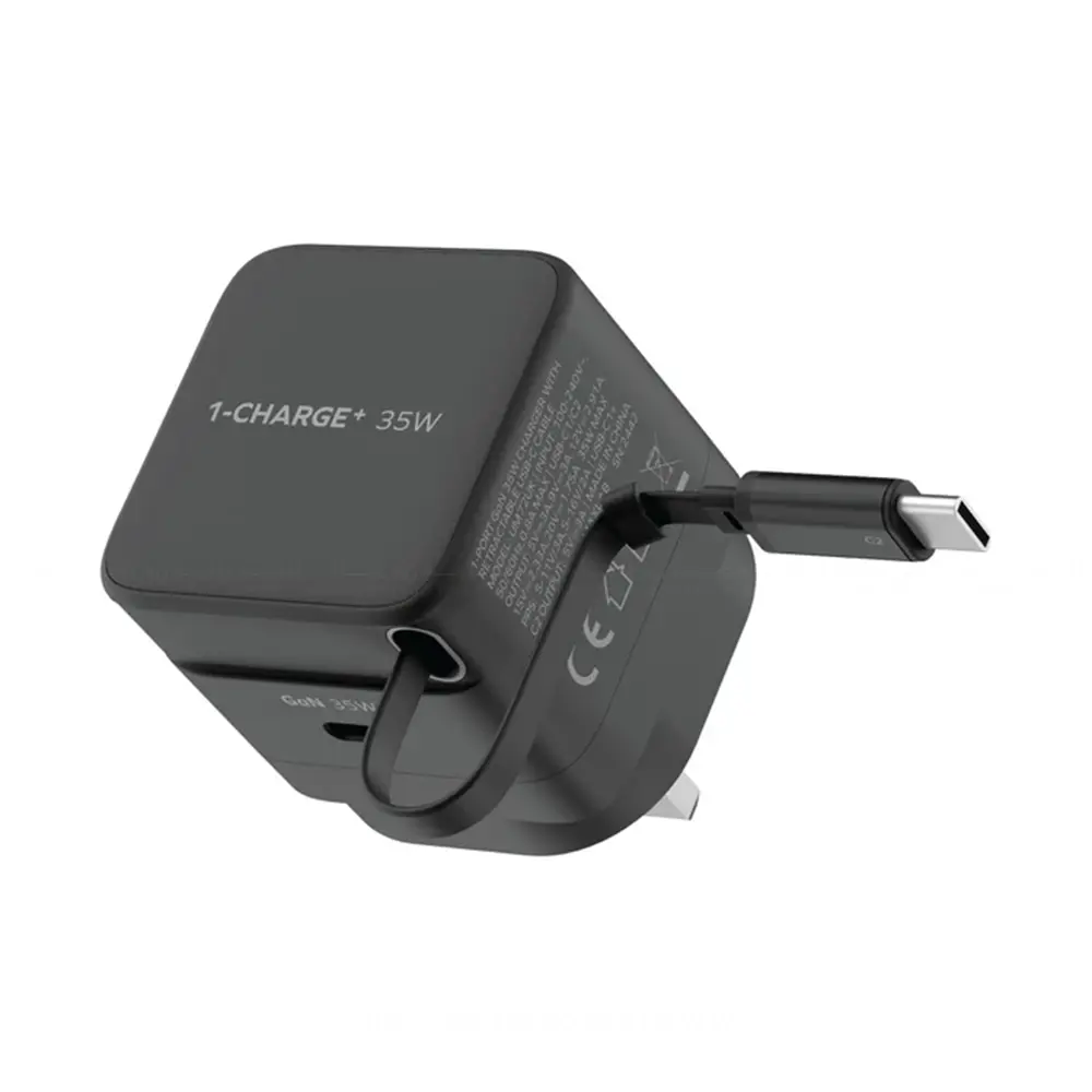 Momax 1-Charge+ & 1-Port 35W GaN Charger with Retractable USB-C Cable - Green - UM72UKG