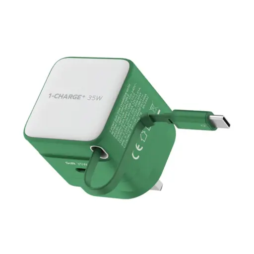 Momax 1-Charge+ & 1-Port 35W GaN Charger with Retractable USB-C Cable - Green - UM72UKG